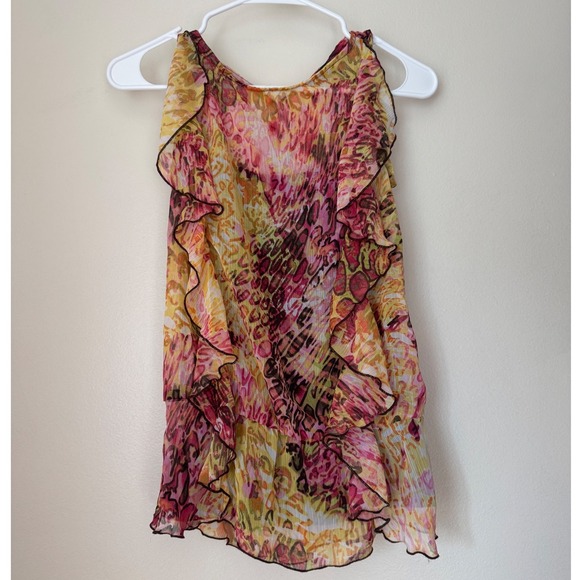 IZ Byer California Tops - IZ Byer California Ruffle Animal Print Blouse Pink Yellow Sleeveless Small